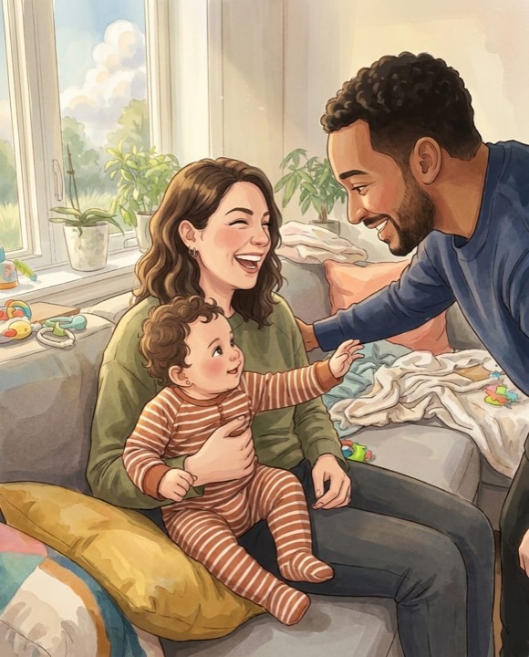 A real photo of a family, and the same moment painted as a storybook page.